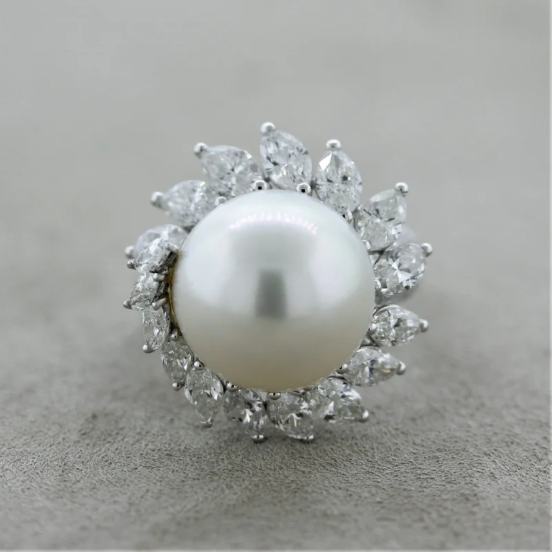 Woven cord rings-South Sea Pearl Diamond Swirl Gold Cocktail Ring