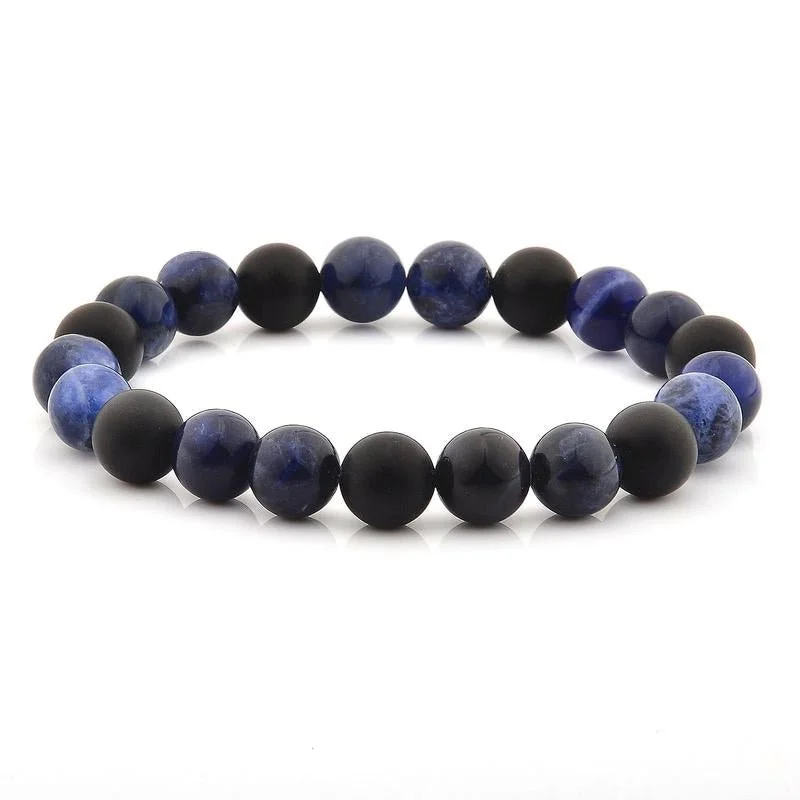 Bead row bangles-SODALITE AND MATTE ONYX STONE BEADED STRETCH BRACELET (10MM)