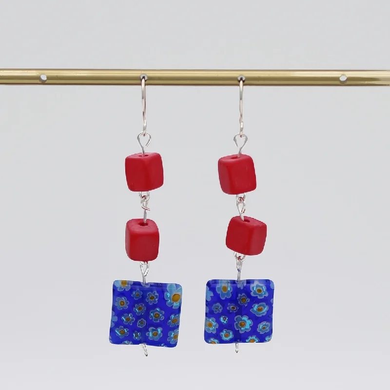 Polished disc earrings-Blue Floral Drop Earring