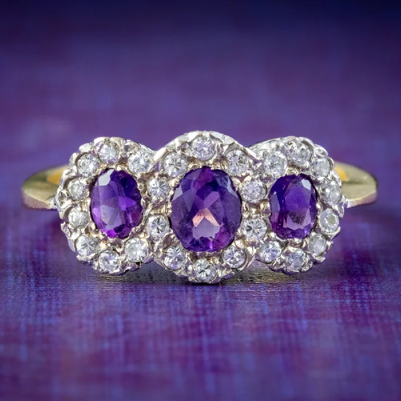 Matte band rings-Vintage Amethyst Diamond Trilogy Cluster Ring Dated 1991