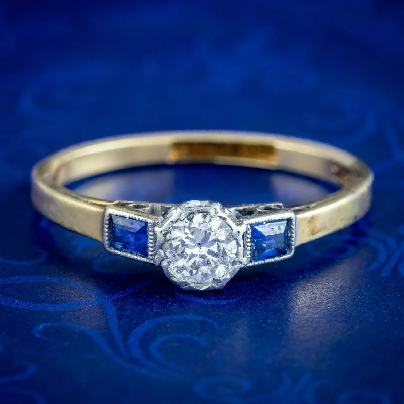 Topaz solitaire rings-Antique Art Deco Diamond Sapphire Trilogy Ring 0.30ct Diamond