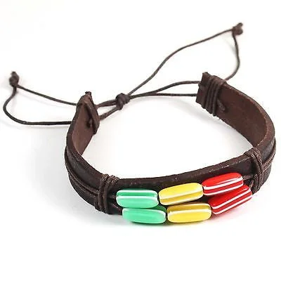 Fox motif bangles-Rasta Brown Leather Bracelet Wrist Band Hippie Hawaii Dub Ras Reggae Marley RGY