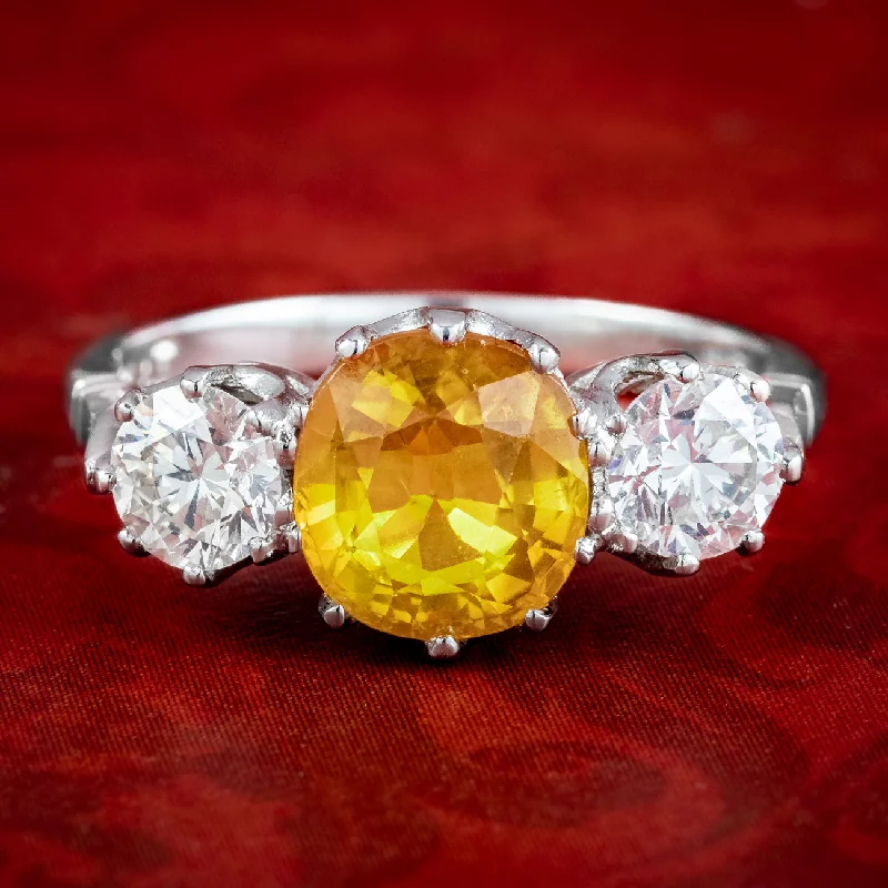 Art deco rings-Edwardian Style Yellow Sapphire Diamond Trilogy Ring 1.8ct Sapphire