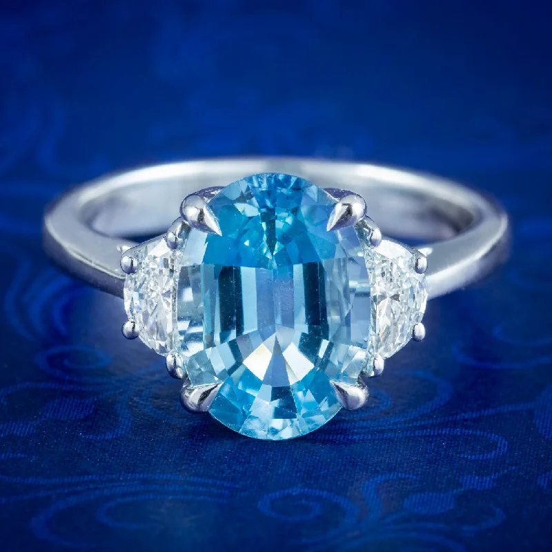 Sleek band rings-Art Deco Style Aquamarine Half Moon Diamond Trilogy Ring 3ct Aqua