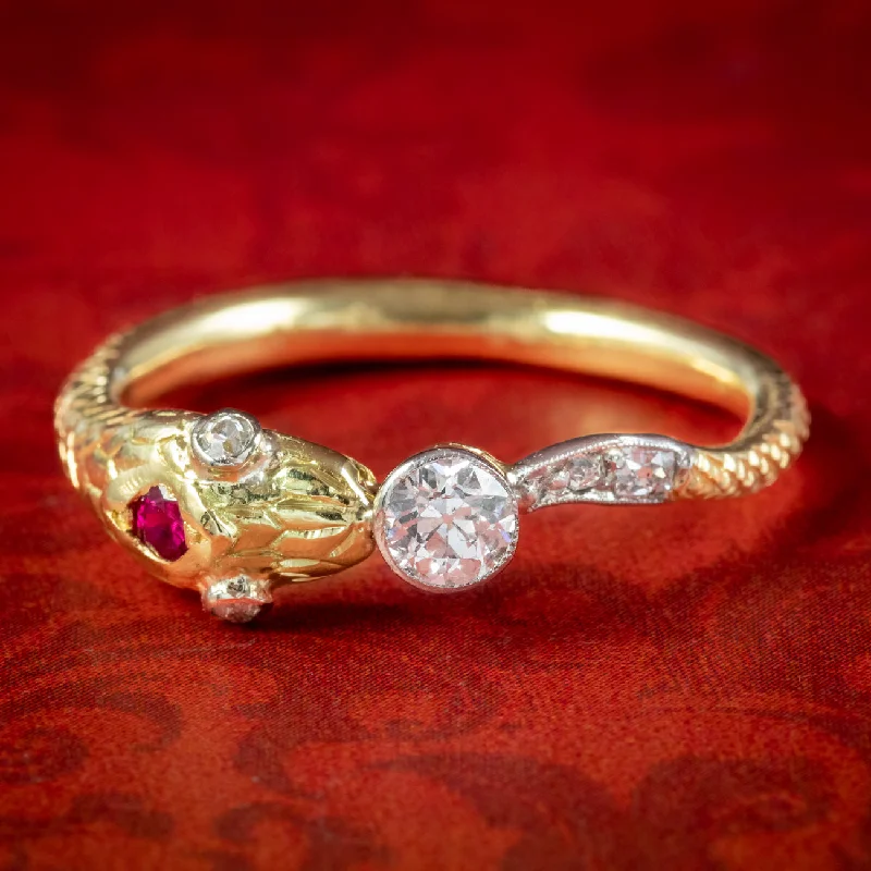 Retro deco rings-Edwardian Style Diamond Ruby Snake Eternity Ring 0.22ct Diamond