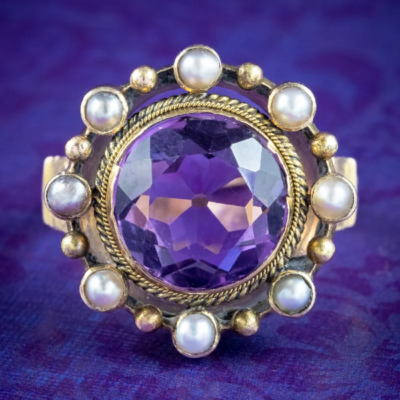 Glossy band rings-Antique Victorian Amethyst Pearl Cluster Ring 6ct Amethyst