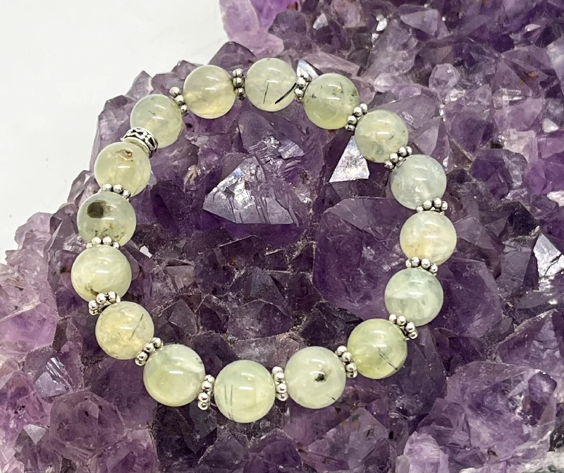 Dainty silver bangles-Prehnite "Healers Stone" 10mm Stretchy Bracelet w/Tibetan Silver Spacers