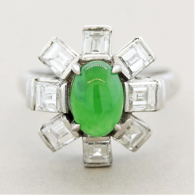 Daisy rings-Jadeite Jade Diamond Platinum Sunburst Ring