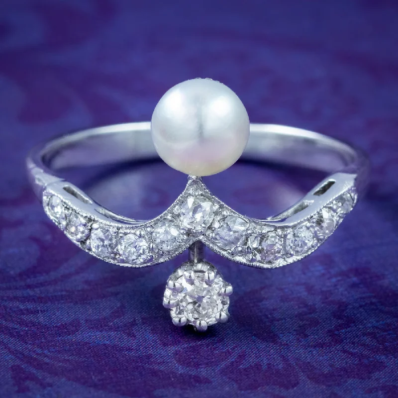 Crystal-twisted rings-Antique Edwardian Diamond Pearl Toi Et Moi Tiara Ring 0.50ct Total