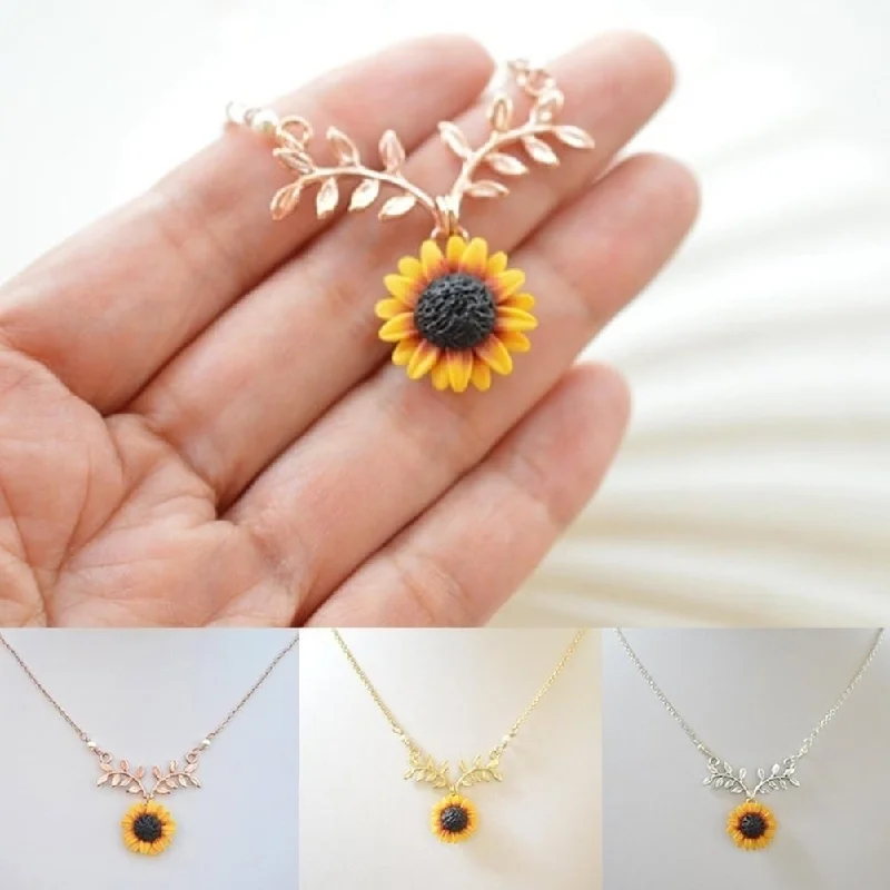 Fashion Women Faux Pearl Sunflower Leaf Branch Twig Pendant Necklace Jewelry - no