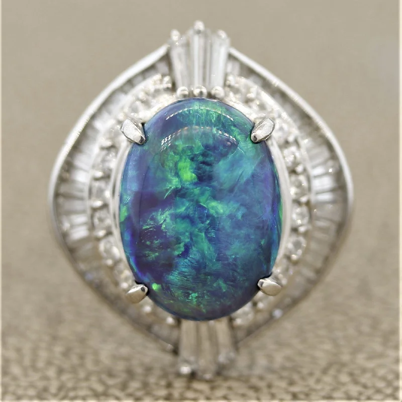 Cedar grain rings-Blue-Green Australian Opal Diamond Platinum Ring