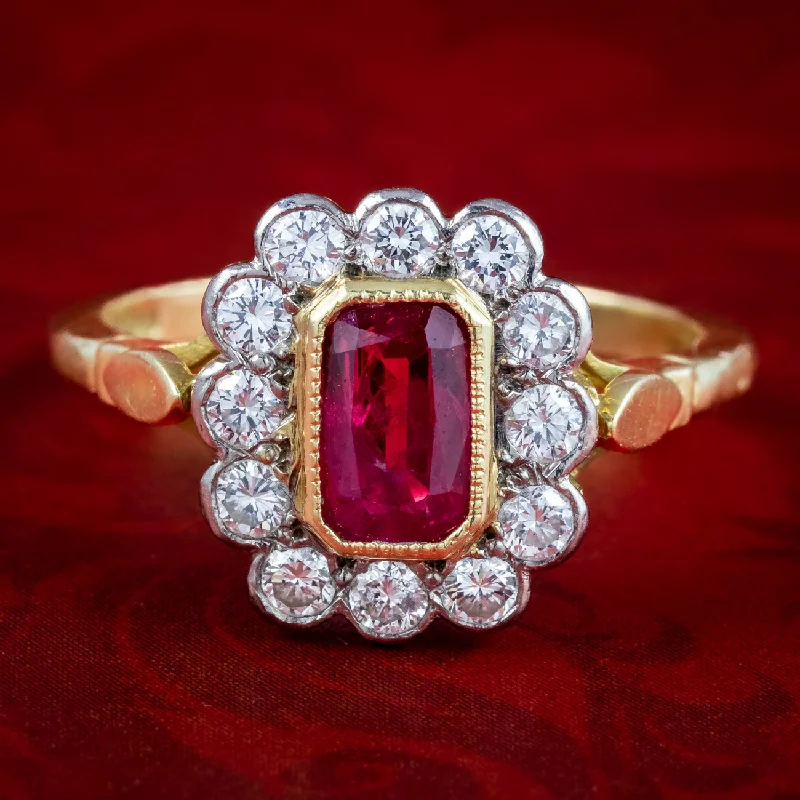 Multi-stone rings-Edwardian Style Ruby Diamond Cluster Ring 0.75ct Ruby