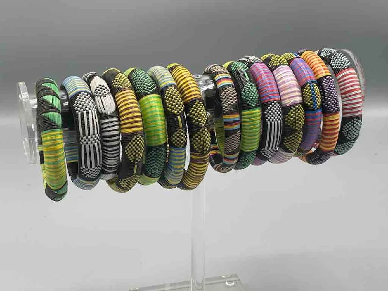 Ethnic weave bangles-Wide Rounded Woven Design Black Recycled Plastic Bracelet