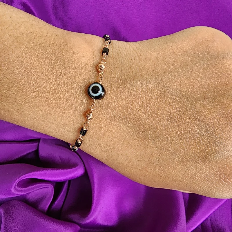 Linen thread bangles-Rosegold Round Evil Eye Bracelet