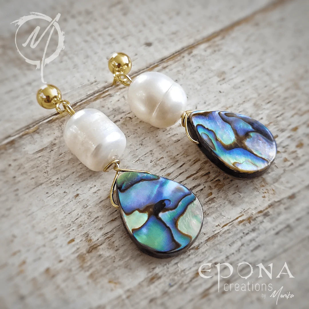 Polished bead earrings-Freshwater pearls and Paua shell earrings Gold tone