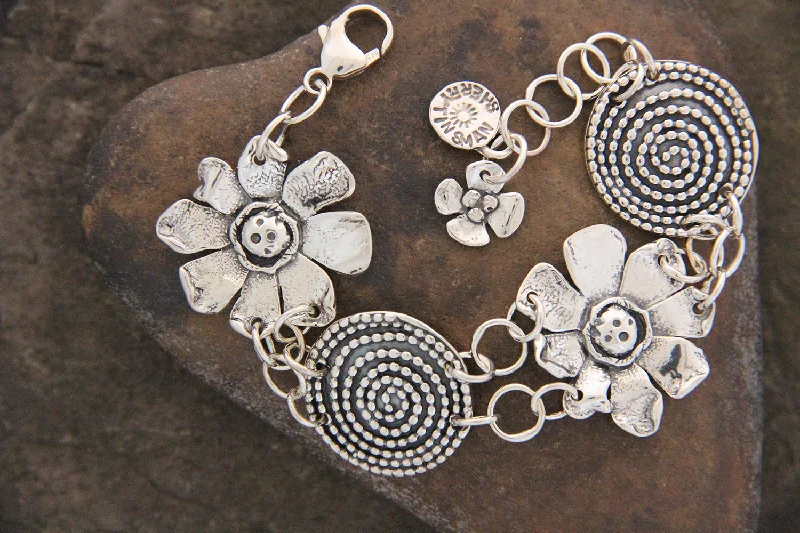 Woven cord bangles-Sterling Silver Beaded Spiral and Sunflower Bracelet