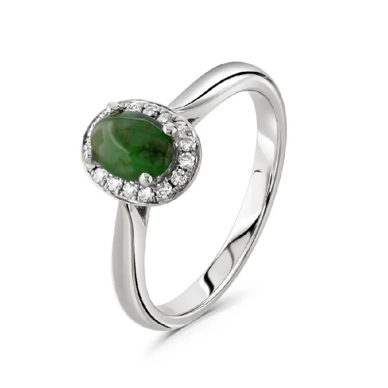 Marquise cut engagement rings-18ct White Gold Oval Cut Jadeite & Round Brilliant Cut Diamond Halo Cluster Ring