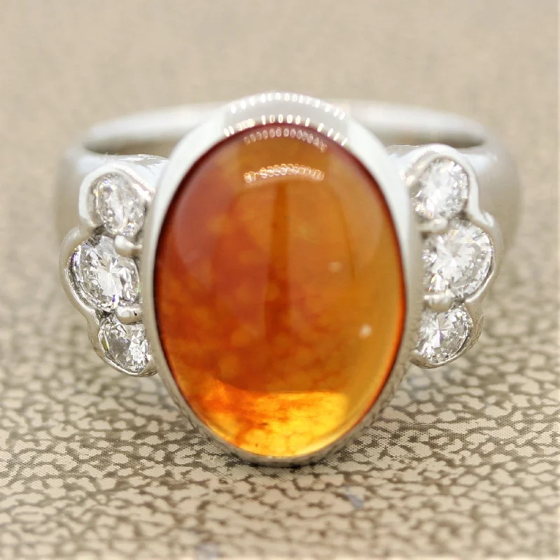 Curved shank rings-Mexican Fire Opal Diamond Platinum Ring