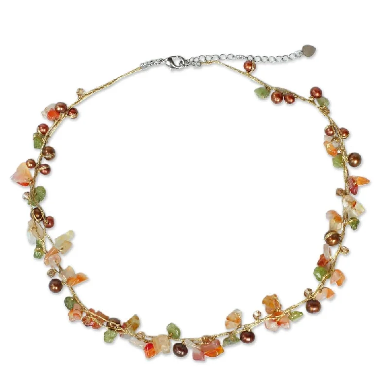 NOVICA Handmade Tropical Elite Beaded Carnelian and Pearl Necklace - 16.25" L x 0.4" W