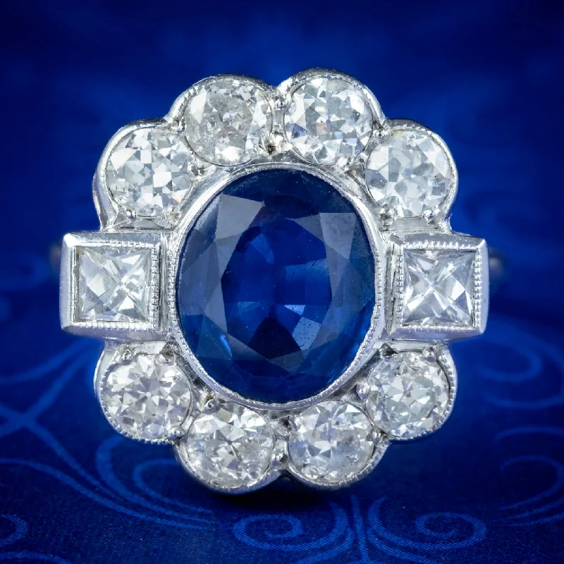 Dainty silver rings-Art Deco Style Sapphire Diamond Ring 18ct White Gold 2.80ct Sapphire