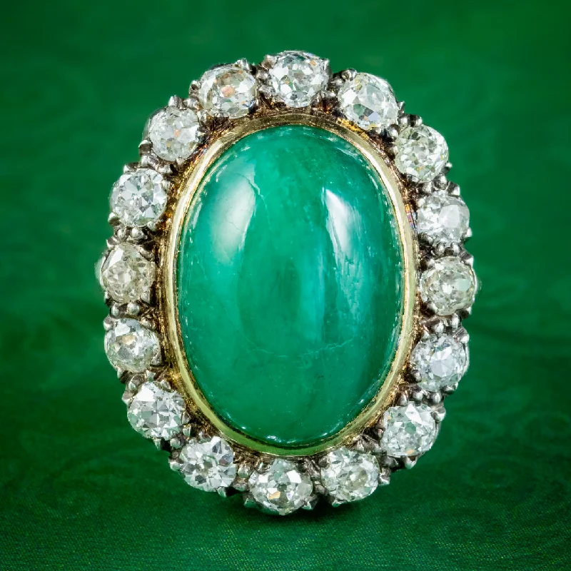 Victorian style rings-Antique Victorian Emerald Diamond Cluster Ring 11ct Cabochon Emerald