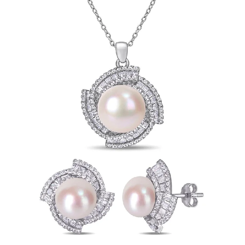 Miadora Sterling Silver Cultured FW Pearl and CZ Swirl Halo Necklace (9.5-12.5 mm)