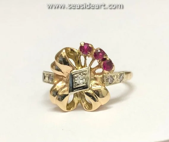 Worn bronze rings-Diamond & Synthetic Ruby Ring-14K Two-tone Gold