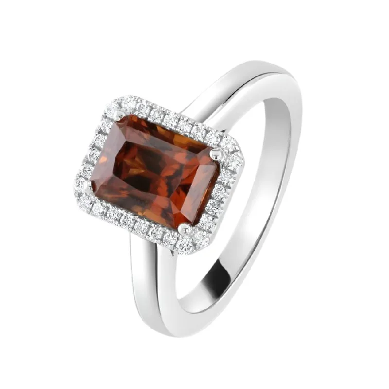 Flat knot engagement rings-18ct White Gold Octangonal Cut Orange Zircon & Diamond Halo Cluster Ring