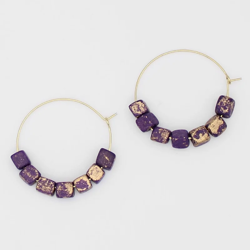 Lily motif earrings-Square Purple and Gold Hoop Dangle Earring