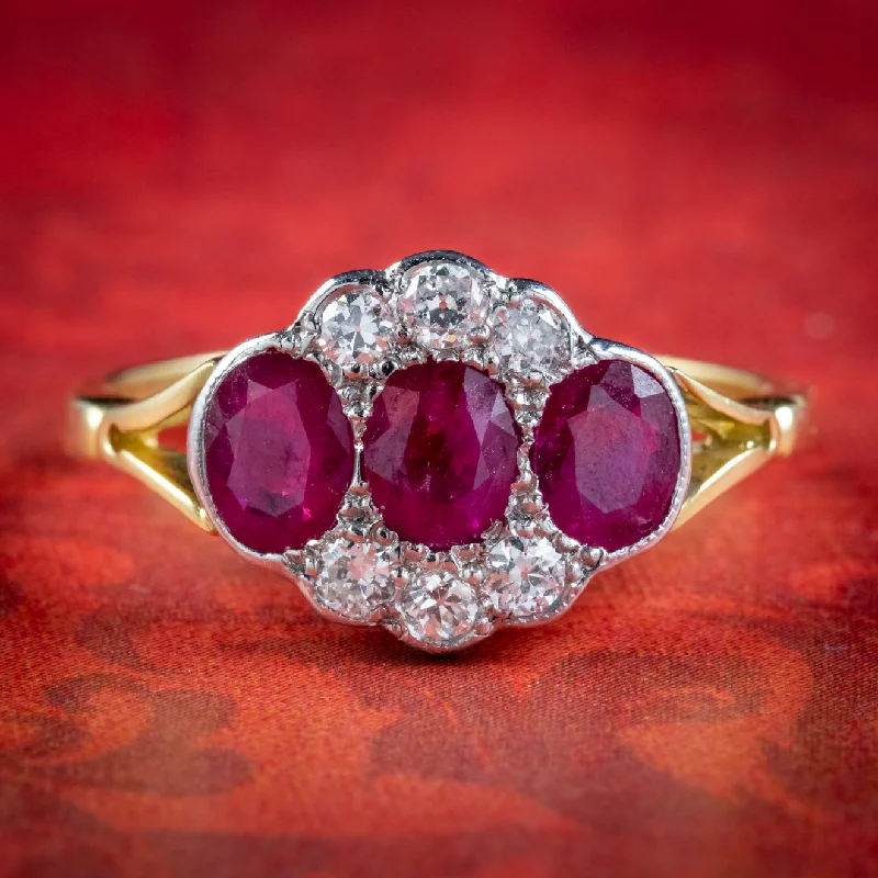 Bead trim rings-Edwardian Style Ruby Diamond Cluster Ring 18ct Gold 1.25ct Of Ruby