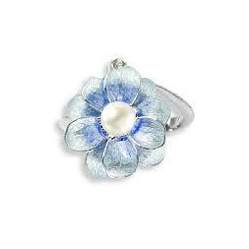 Endless stone engagement rings-Silver & Enamel Pearl Set Blue Floral Ring