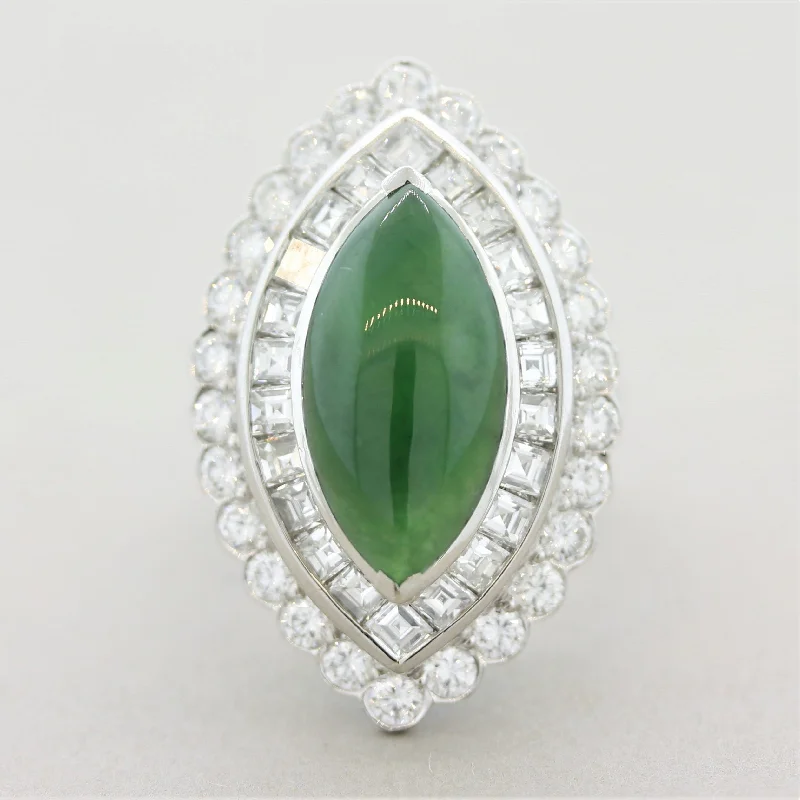 Lily rings-Jadeite Jade Diamond Platinum Navette-Style Cocktail Ring, GIA Certified