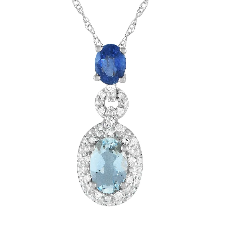 White Gold 0.08ct Diamond, Aquamarine, and Sapphire Pendant Necklace PD4-16183WAQSA Length 18 Inch