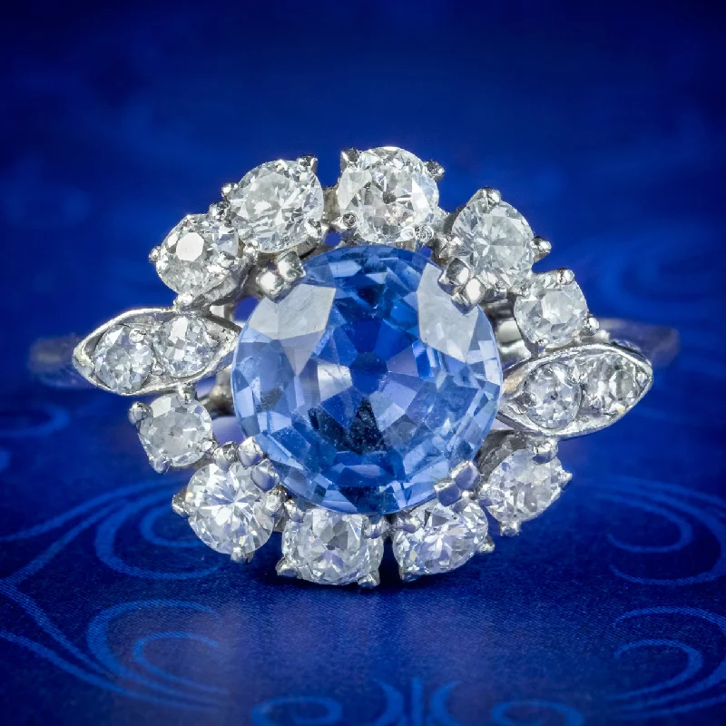 Glittering crystal rings-Vintage Sapphire Diamond Cluster Ring 3.30ct Sapphire With Cert