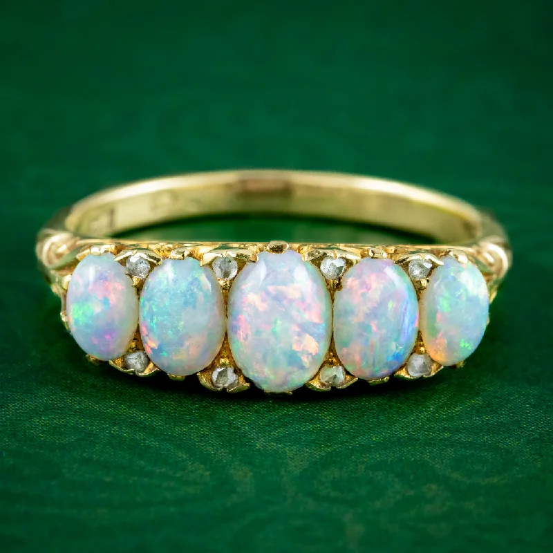 Sleek design rings-Antique Victorian Opal Diamond Five Stone Ring 1.7ct Of Opal