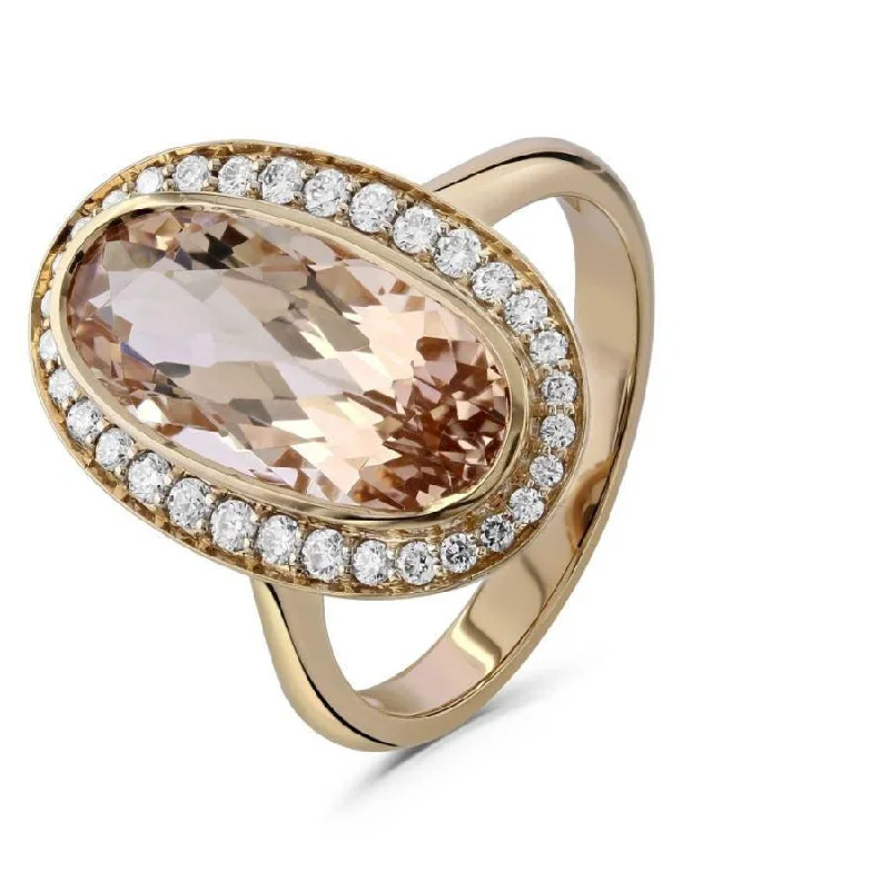 Mystic eye engagement rings-18ct Rose Gold Oval Cut Morganite & Diamond Halo Cluster Ring