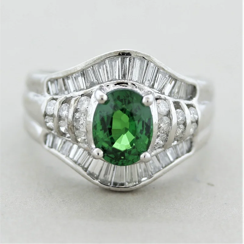 Solid band rings-Tsavorite Garnet Diamond Platinum Ring