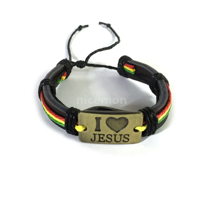 Sleek gold bangles-I Love Jesus Bracelet Cuff Adjustable Fit Draw String Jesus Christ Leather 1SZ