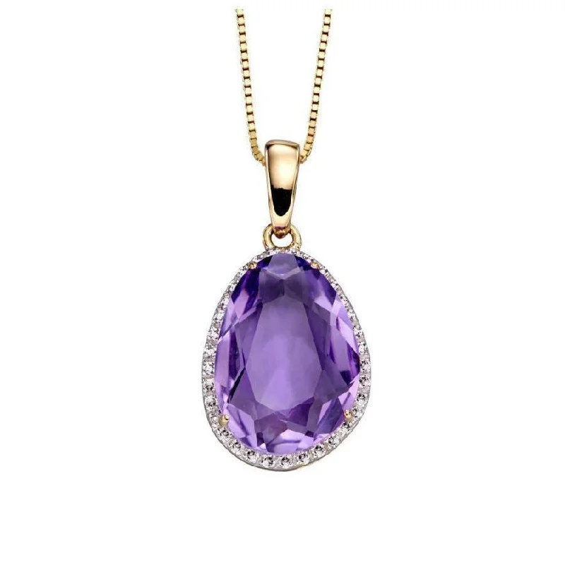 Full moon engagement rings-9ct Yellow Gold Irregular Cut Amethyst & Diamond Halo Cluster Pendant