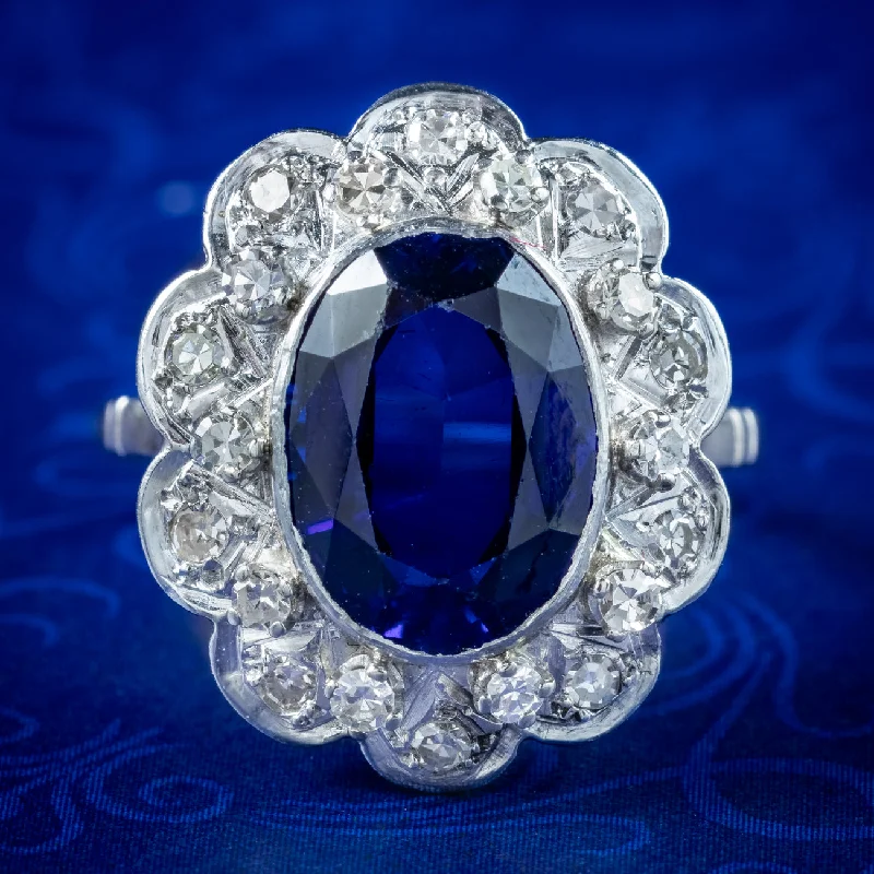 Pure star rings-Antique Edwardian Blue Sapphire Diamond Cluster Ring 4.2ct Synthetic Sapphire