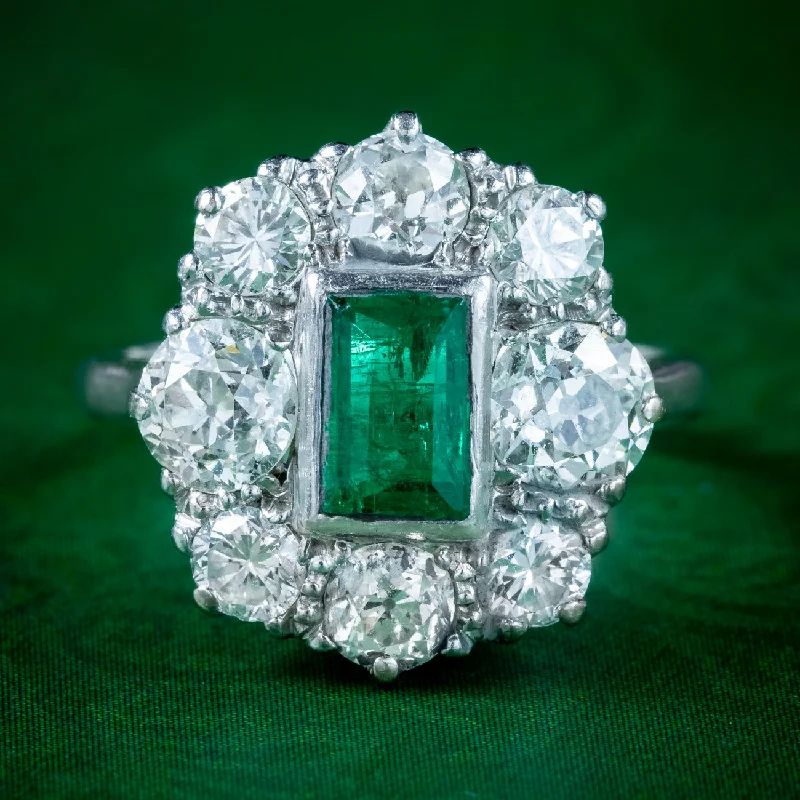 Moonstone birthstone rings-Antique Edwardian Emerald Diamond Cluster Ring 0.60ct Emerald