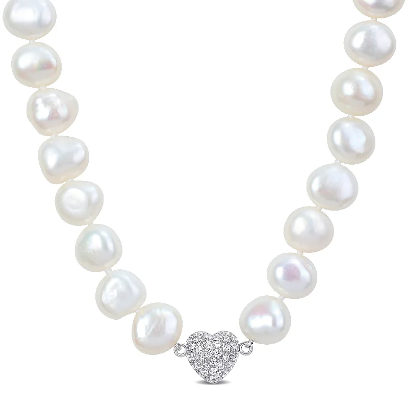 Miadora 11-12mm Cultured Freshwater Pearl Strand & Heart-Shape Cubic Zirconia Necklace - 18 in