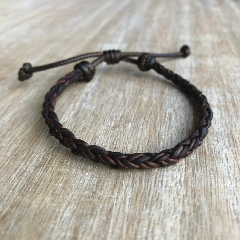 Carved charm bangles-Key West Braided Leather Bracelet Dark Brown Unisex Adjustable