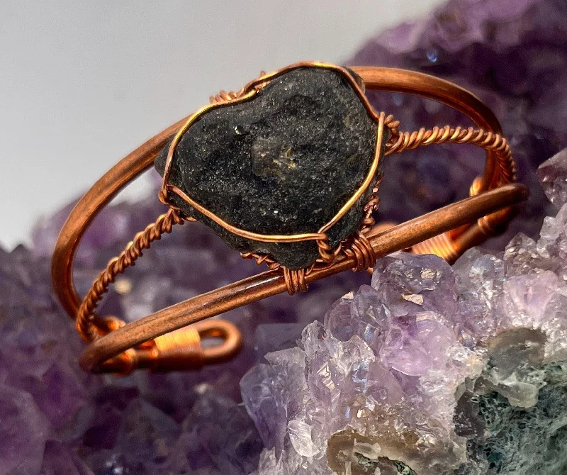 Worn clasp bangles-Indonesian Tektite (Indochinite) Wirewrapped Copper Bracelet