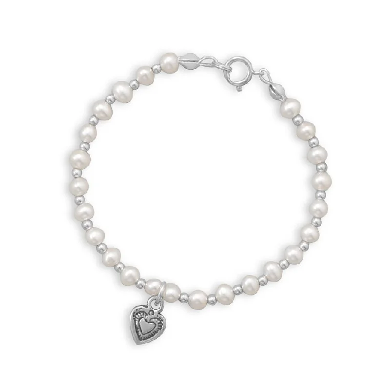 Satin gloss bangles-6" Cultured Freshwater Pearl and Silver Bead Bracelet with Oxidized Heart