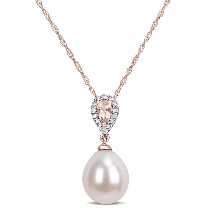 Miadora 10k Rose Gold Cultured FW Pearl, Diamond and Morganite Drop Halo Necklace (9-9.5 MM)