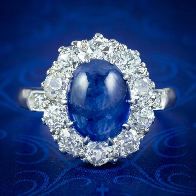 Fine thread rings-Victorian Style Blue Sapphire Diamond Cluster Ring 4.12ct Cabochon With Cert