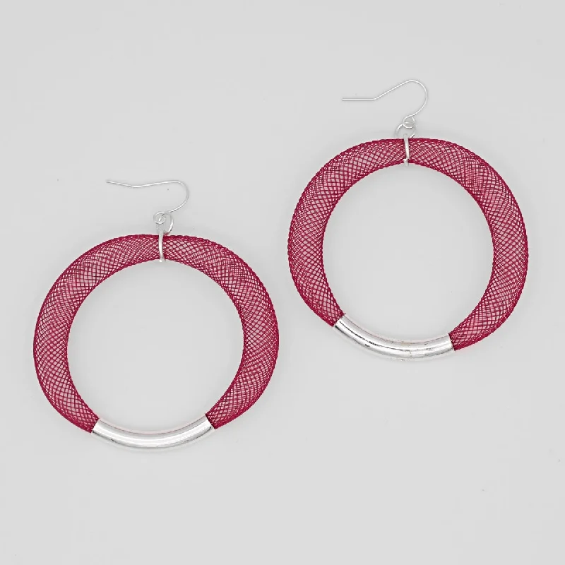 Tiny bead earrings-Maroon Mesh Hoop Earring