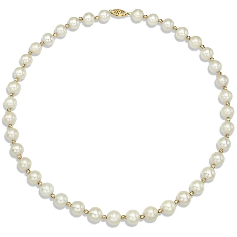 DaVonna 14k Yellow Gold Beads and White FW Pearl Necklace (9-10 mm)