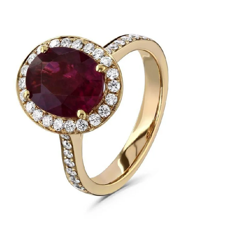 Pure crystal engagement rings-18ct Rose Gold Oval Cut Rubellite & Diamond Halo Cluster Ring with Diamond Shoulders